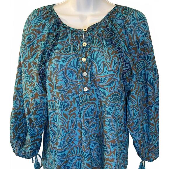 Cleobella-Blue Paisley Boho Henley Blouse, Small - Picture 3 of 9